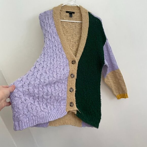 FOREVER 21 Colorblock Cardigan Sweater Lilac Lavender Green Multi Button Long M - Picture 9 of 13